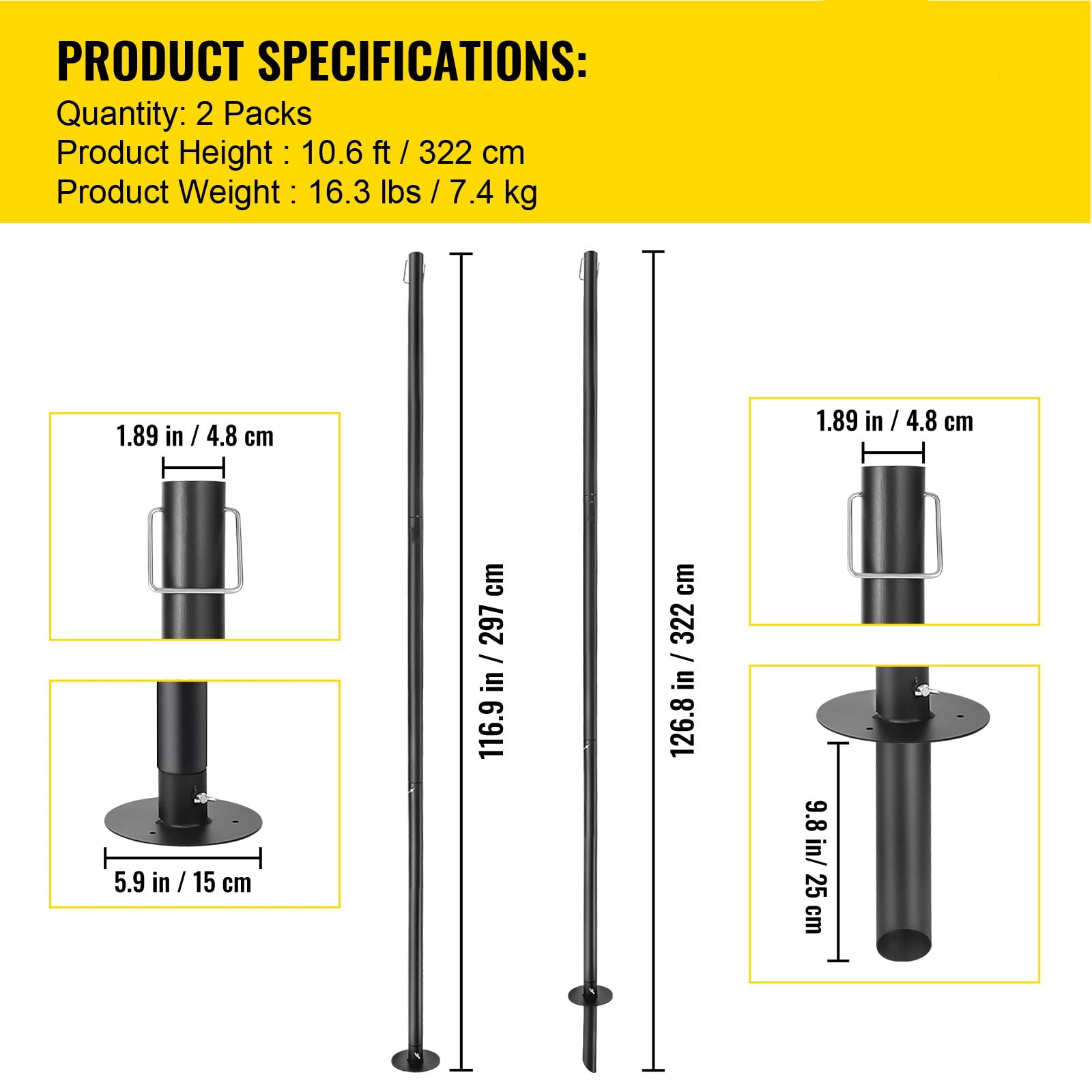 BENTISM String Light Poles, 2 Pack 10.6 ft, Outdoor Powder Coated Steel Lamp Post with Hooks to Hang Lantern and Flags, Decorate Garden, Backyard, Patio, Deck, for Party and Wedding, Black