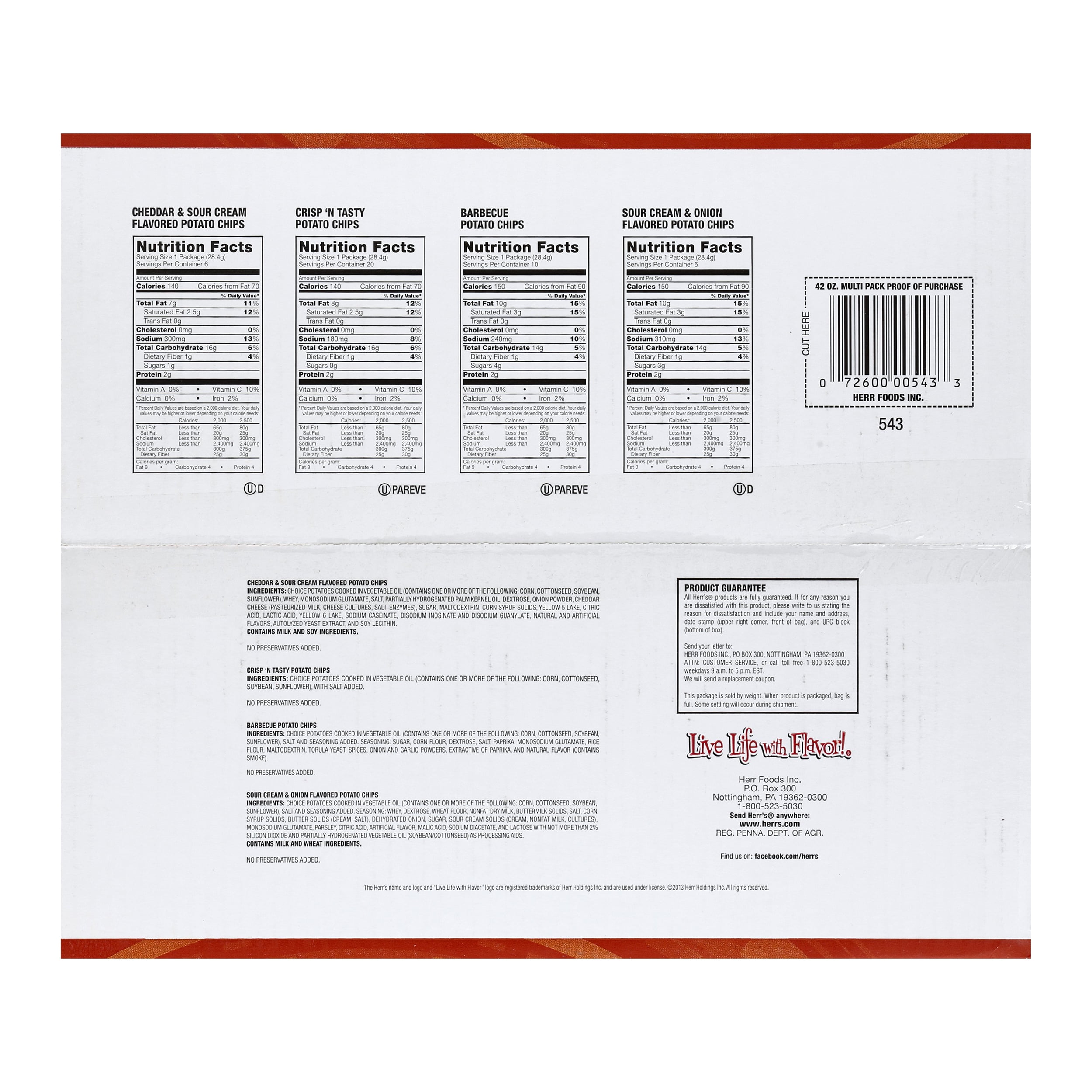 Herr's Potato Chips, Multi Pack, 42 Count, 42 oz
