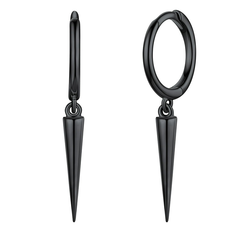 Silvora Men Black Punk Earrings Cone Drops Cool Hoop Earrings 925 Sterling Silver Jewelry Simple Ear Charms for Boyfriend