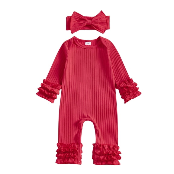 BemeyourBBs Preemie Baby Girl Spring Summer Fall Winter Clothes Baby Girl Newborn Hospital Going Home Outfit Ribbed Romper Solid Color Ruffled Long Sleeve Full Length Jumpsuit with Bow Headband