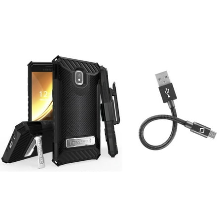 425 Carbon Fiber - Beyond Cell Military Grade Kickstand Holster Rugged Case (Dark Carbon Fiber) with Short Nylon Braided USB-A to Micro USB Cable (4 inches) and Atom Cloth for Samsung Galaxy J3 / J3 V 3rd Gen 2018