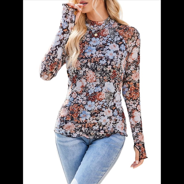 Top de Larga con Encaje Floral y Cuello Alto para Mujer Floral Negro M