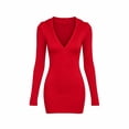 thumbnail image 4 of IUYRTFE Women's Solid Color V-Neck Long Sleeve Dress Slim Fit Stretch Casual Party Midi Dress, 4 of 5
