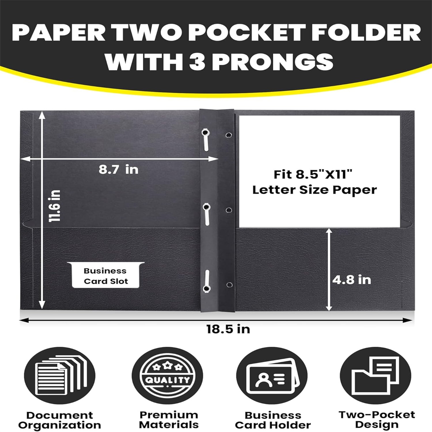 2 Pocket Folders with Prongs (100 Pack, Black), Paper Folders with 2 Pockets and 3 Prongs Fit Letter Size Paper, Folders with Prongs for School Office Home Business