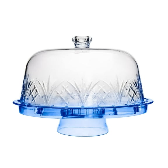 Godinger Cake Stand and Serving Plate Platter with Dome Cover, 6 in 1 Multi-Purpose Use, Shatterproof and Reusable Acrylic - Dublin Collection, Blue