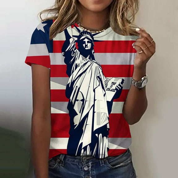 Qetyuw Women's 4th of July Shirts Proud Patriotic Red White and Blue Graphic Tshirts Tunic Short Sleeve Tees Classic Crew Neck Blouses Tops Going Out Tops for Women