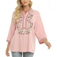 thumbnail image 3 of Women's Mexican Embroidered Tops Bohemian Clothes 3/4 Sleeve V Neck Boho Shirts Peasant Tunics Blouses, 3 of 7
