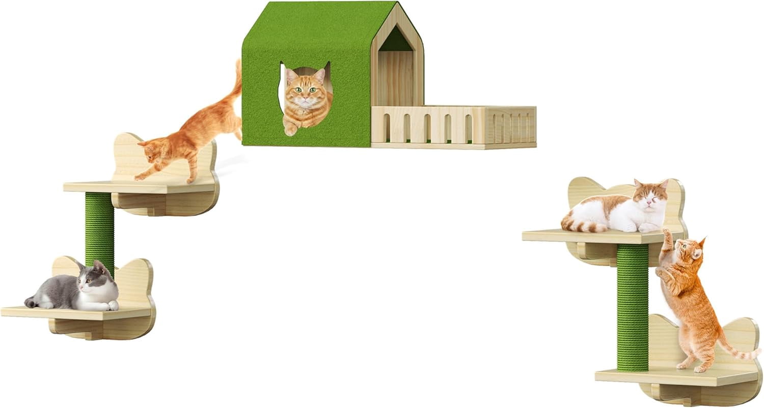 7-Piece  Wall Shelves and Perches Set with Solid Wood Climbing Furniture, Green House and Fence Steps for Indoor Cats