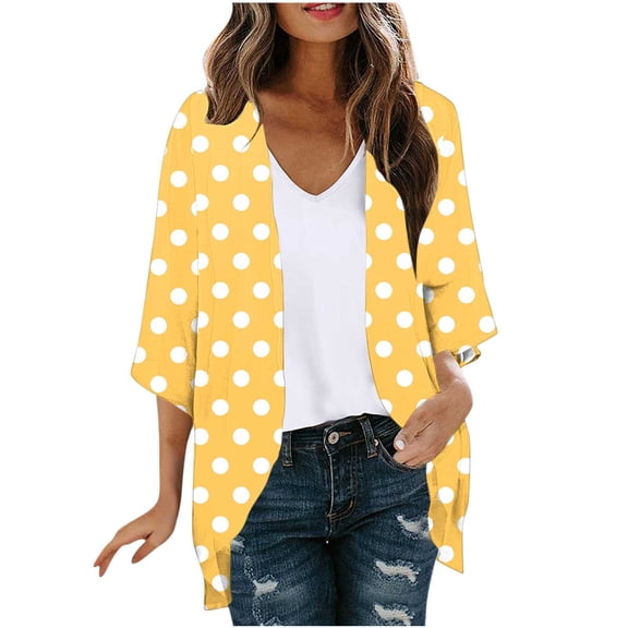 Womens Beach Coverups, Cardigan for Women Open Front Casual Dots Printed 3/4 Sleeve Shirts