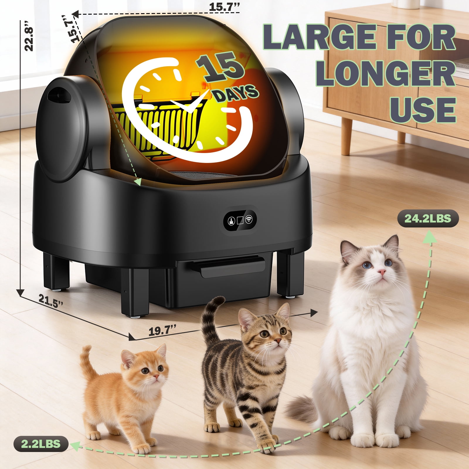 Automatic Self-Cleaning Litter Box for Multiple Cats – Smart Open-Top Design with App Control & Safety Sensors – 10L Large Capacity Auto Cat Litter Box with Waste Drawer & Liner Bags