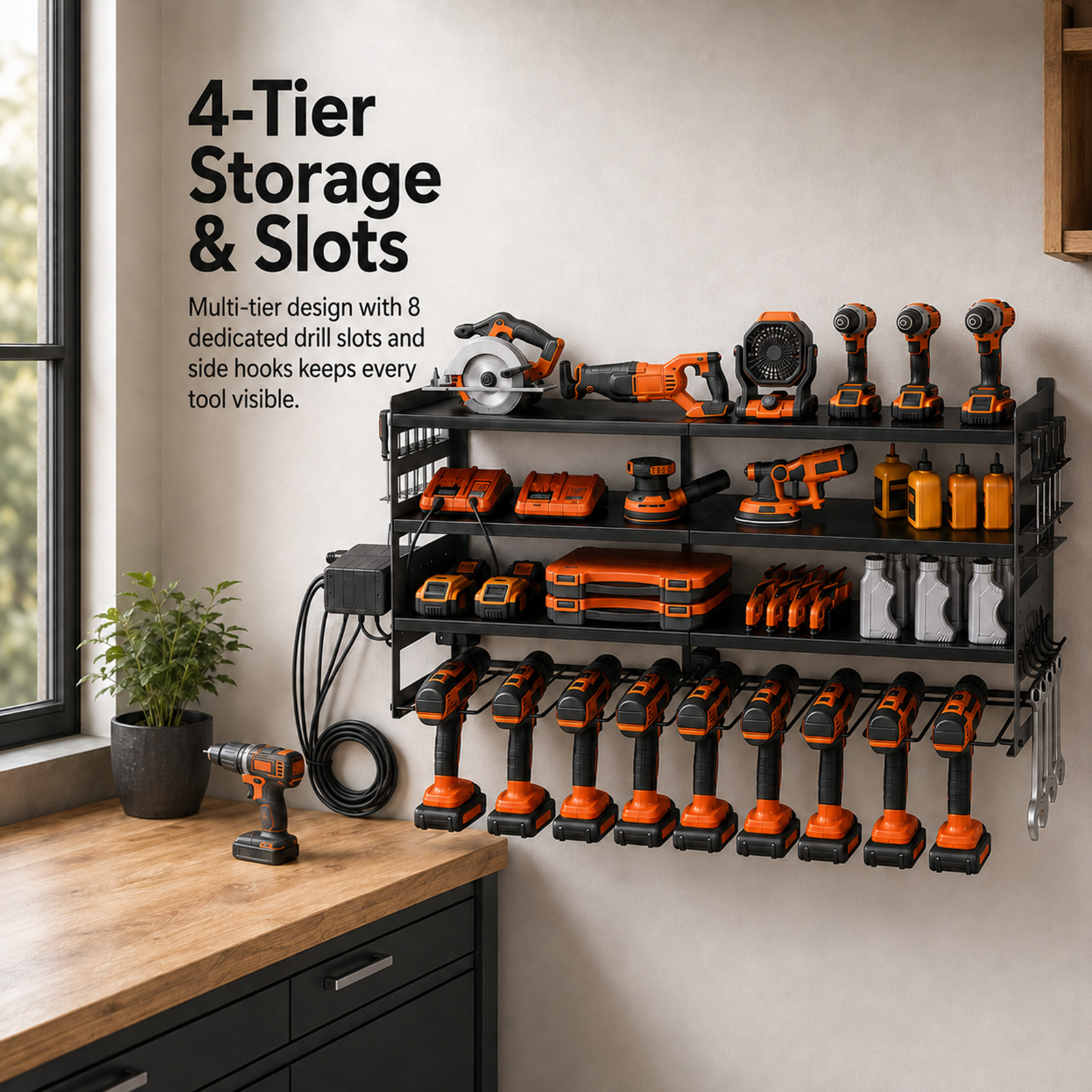 Alvantor 4-Tier Electric Tool Storage Rack with Charging Station, Power Tool Organizer with Screwdriver/Hammer/Air Tool Rack
