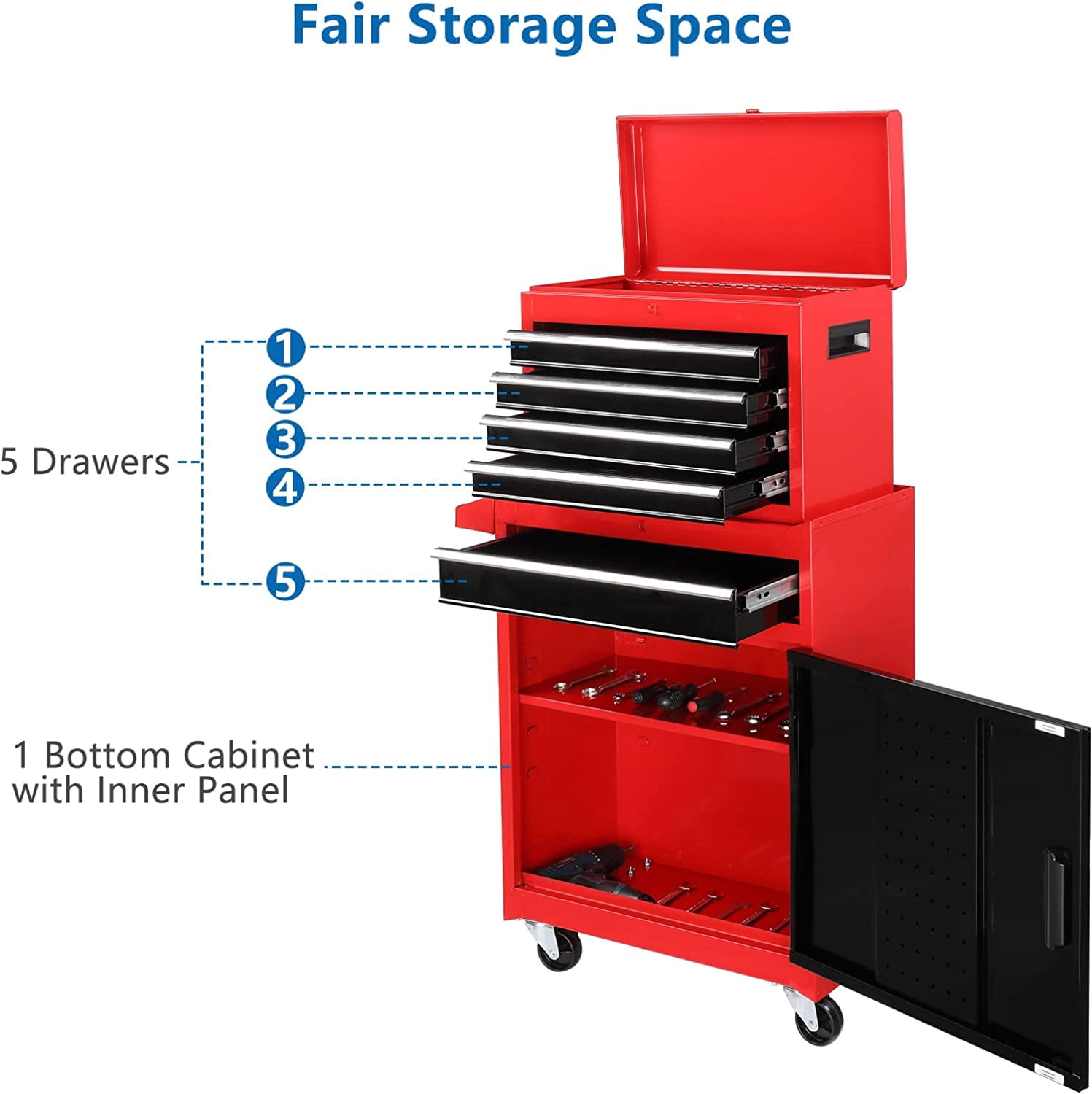 TUFFIOM 5-Drawer Rolling Tool Chest, Tool Storage Cabinet with Adjustable Shelf, Tool Organizer Box