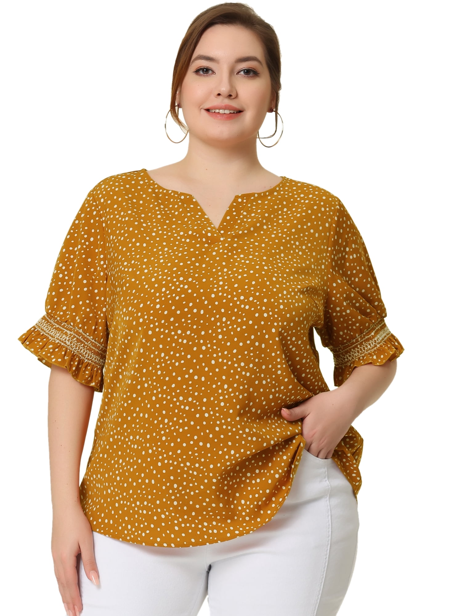 Unique Bargains Women's Plus Size Dots Heart Smocked Short Sleeve Blouse 3X Yellow