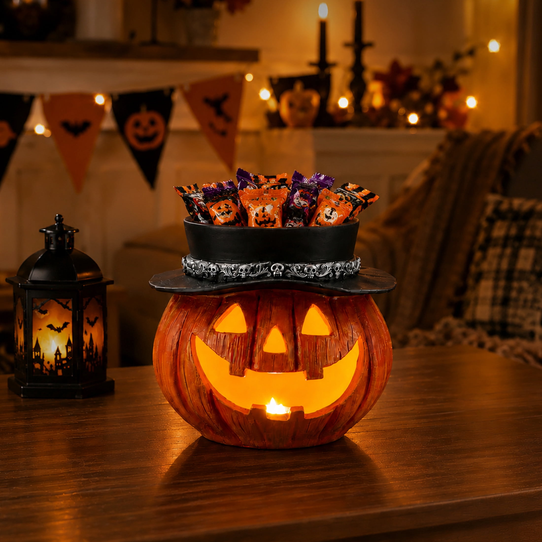 Noble House Light-Up Halloween Pumpkin Candy Bowl with Witch Hat & LED Jack-O'-Lantern, Spooky Decoration, Black