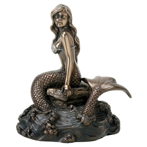 YTC Bronze Colored Ocean Mermaid on Rock with Tail in Water Figurine