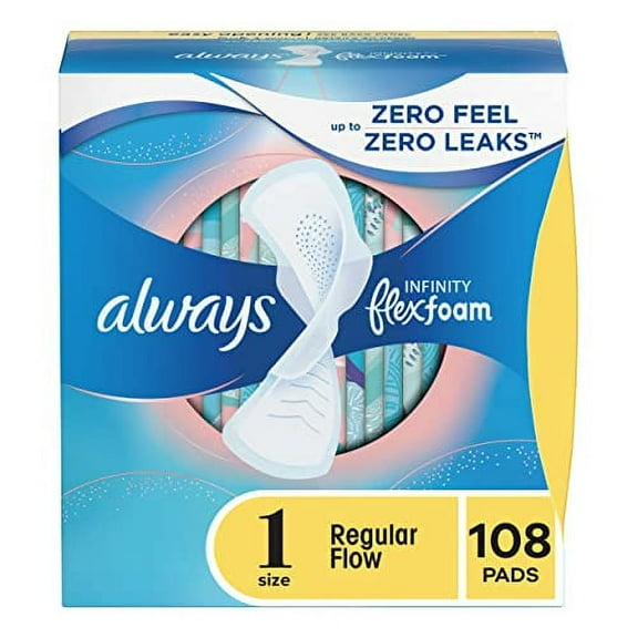 Always Infinity Feminine Pads for Women, Size 1, 108 Count, Regular Absorbency, with Wings, Unscented,36 Count (Pack of 3)