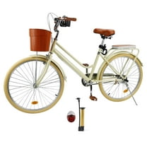 26 inch Commuter Bicycle for Adult Men and Women，High-Carbon Steel Beach Cruiser Bike/Front&Rear Fenders, Comfortable City Bikes with Basket and Rear Rack