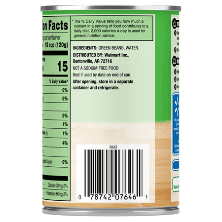Great Value French Style Green Beans, No Salt Added, 14.25 oz