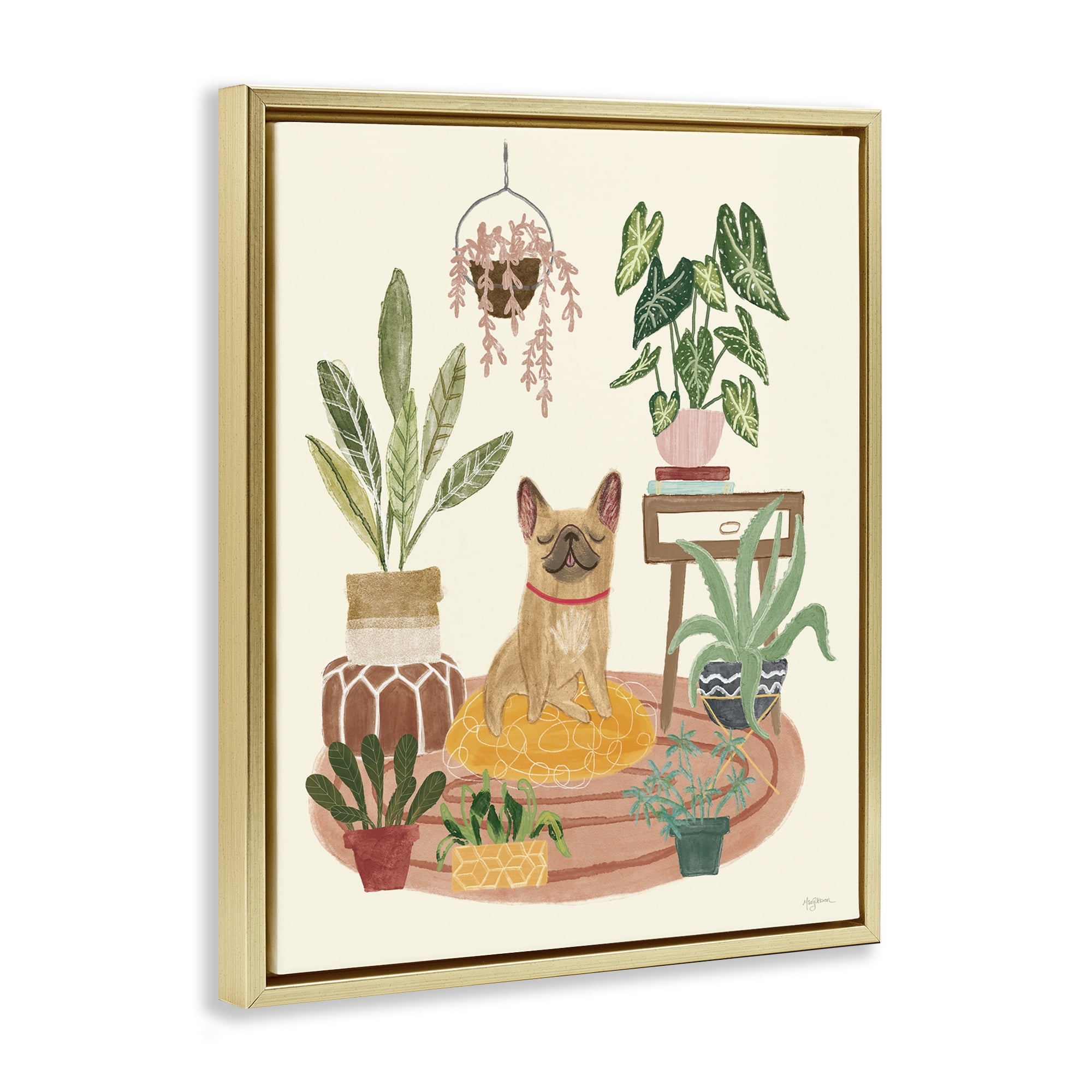 Stupell Industries Pug Dog with Plants Animals & Insects Painting Gold Floater Framed Canvas Art Print Wall Art, 25 x 31