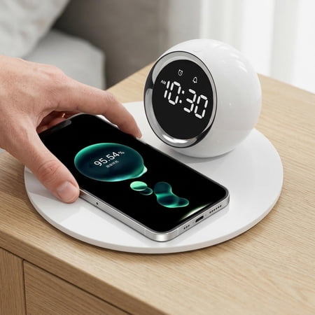 3-in-1 Wireless Charger, Alarm Clock & Night Light. 15W Fast Qi Charging, LED Digital Clock with Snooze, Dimmable Touch Light. Sleek White Design for iPhone/Android