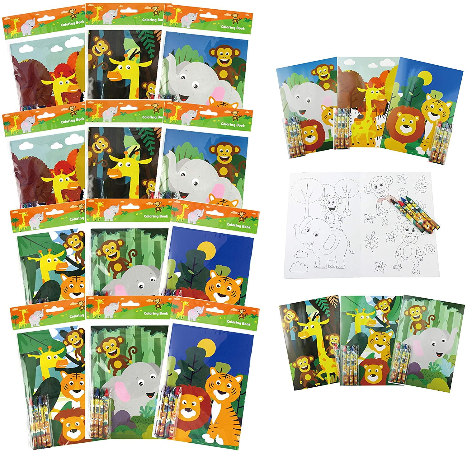 TINYMILLS Safari Zoo Animals Coloring Book for Kids Party Favor Set with 12 Coloring Books and 48 Crayons Fun Jungle Book Animals Birthday Party Supplies Zoo Party Favor Bag Fillers