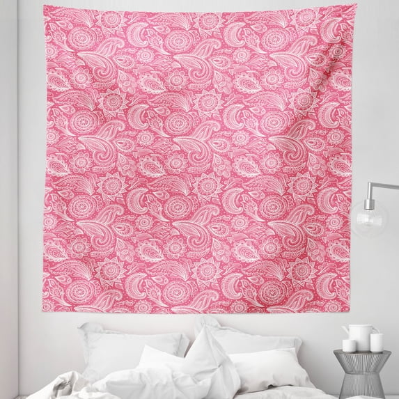 Floral Pink Tapestry, Vintage Blossom Paisley Boho Hand Drawn Zentangle Petals Ethnic Print, Fabric Wall Hanging Decor for Bedroom Living Room Dorm, 5 Sizes, Coral and White, by Ambesonne