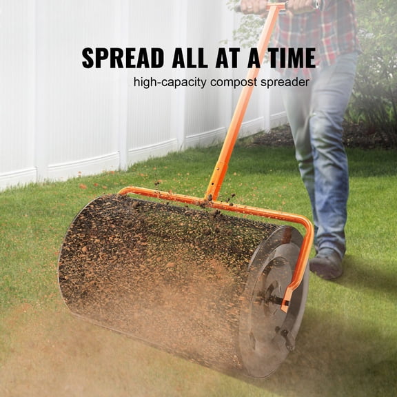 Compost Spreader,24.4-25.6"Height Adjustable Handle,24"Wide,Lawn&Garden Peat Moss Roller with Side Latches,Powder Coated Steel Mesh Basket for Spreading Manure,Topsoil,Black