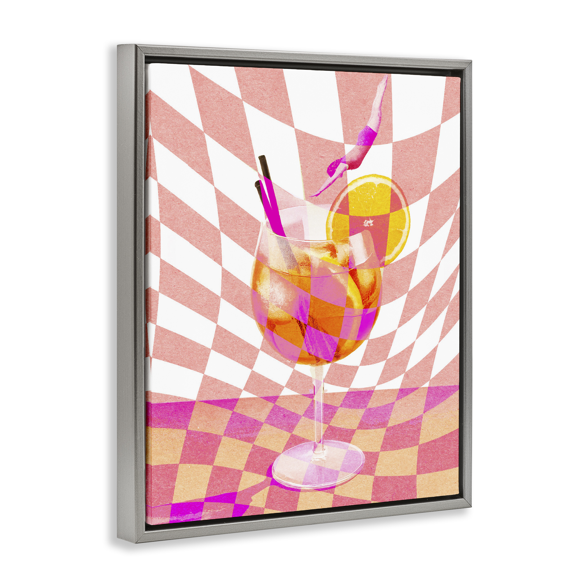 Retro Checkered Summer Cocktail Gray Framed Floater Canvas Wall Art, design by Lil' Rue