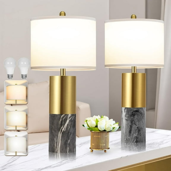 22" Faux Marble Table Lamps Set of 2, Modern 3-Color Temperature Table Lamps with Fabric Shades, Contemporary Bedside Nightstand Lamps for Living Room Bedroom