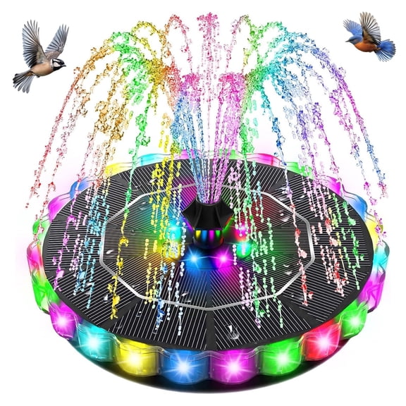 BUSATIA Solar Fountain,Upgraded Solar Bird Bath Fountain,Solar Fountain Pump with Color LED Lights and 8 Nozzles,Solar Powered Water Fountain for Garden,Patio,Pool