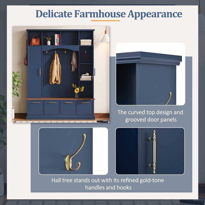 76.7''H Tall Hall Tree with Golden Hooks & Handles, Entryway Large Shoe Storage Bench with Cabinets & Adjustable Shelves