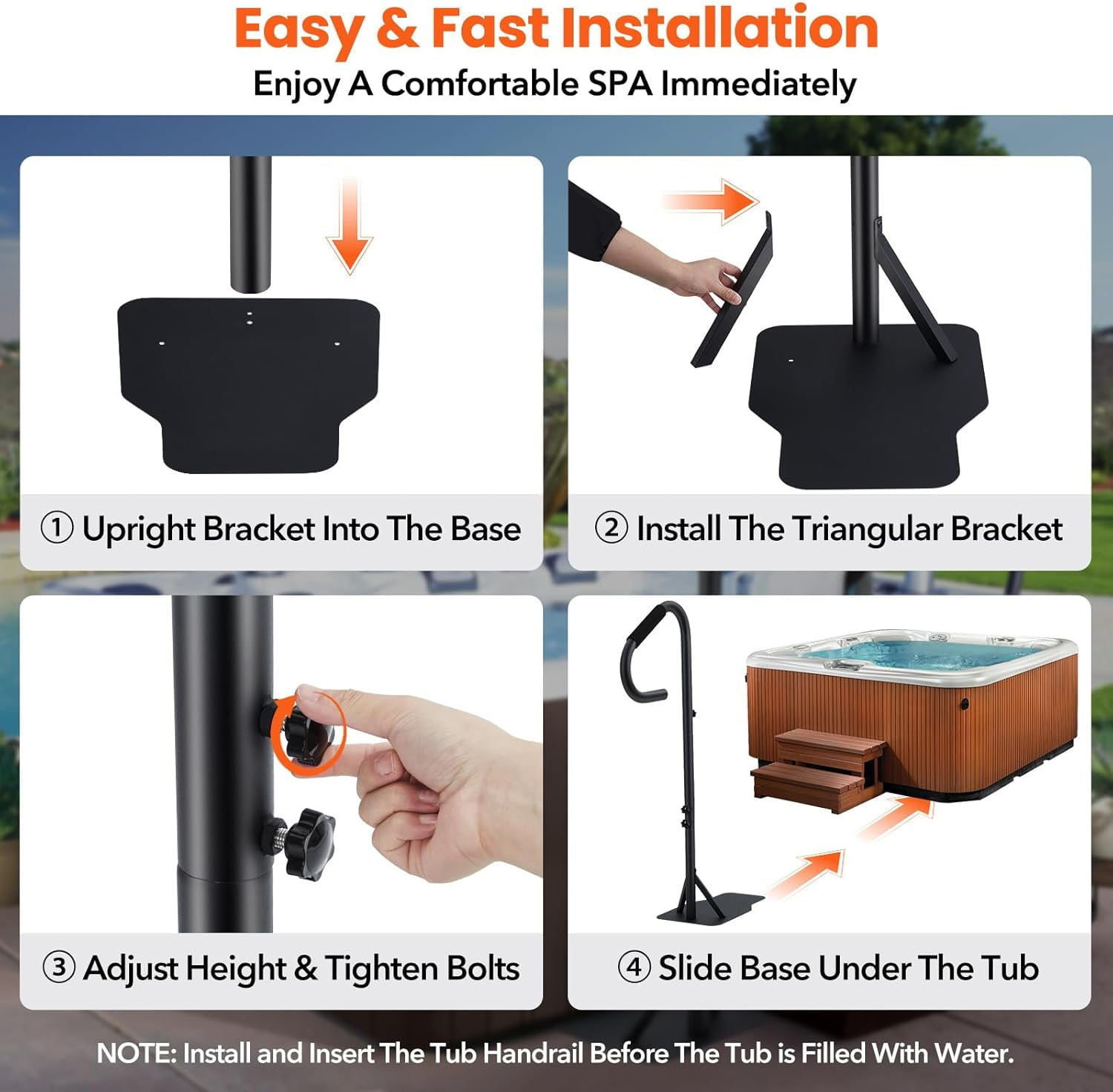 Hot Tub Handrail,360 Rotatable Spa Side Handrail with Adjustable Height,Rust-proof Spa Step Hot Tub Hand Rail with Slide-Under Mount Base & Non-Slip Grip for Indoor & Outdoor,600LBS Capacity