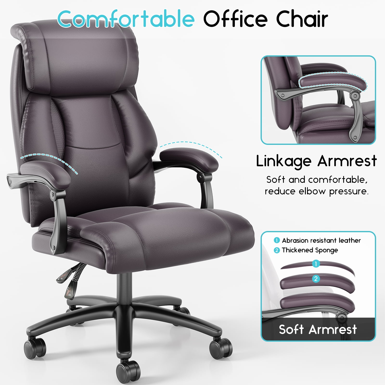 iooHug Reclining Executive Office Chair, Big and Tall Desk Chair with Wide Seat, High Back Ergonomic Computer Chair, Heavy Duty Faux Leather Recliner for Home Office, 400lbs, Black