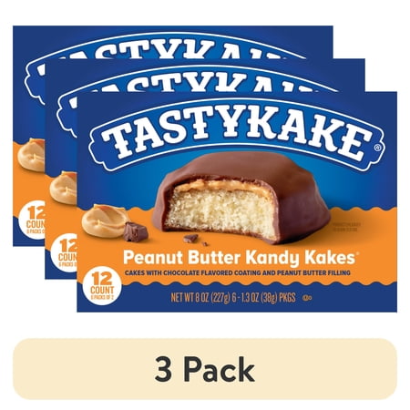 (3 pack) Tastykake Peanut Butter Kandy Kakes, 12 Count, 6 Packs of 2 Chocolate and Peanut Butter Snack Cakes