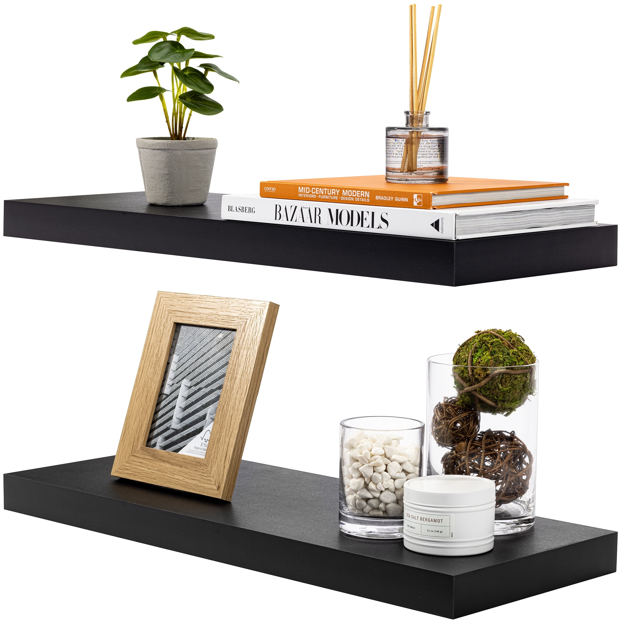Black  Floating Shelves U Walnut Finish Set of 3 Shelf Modern Home Decor USA 