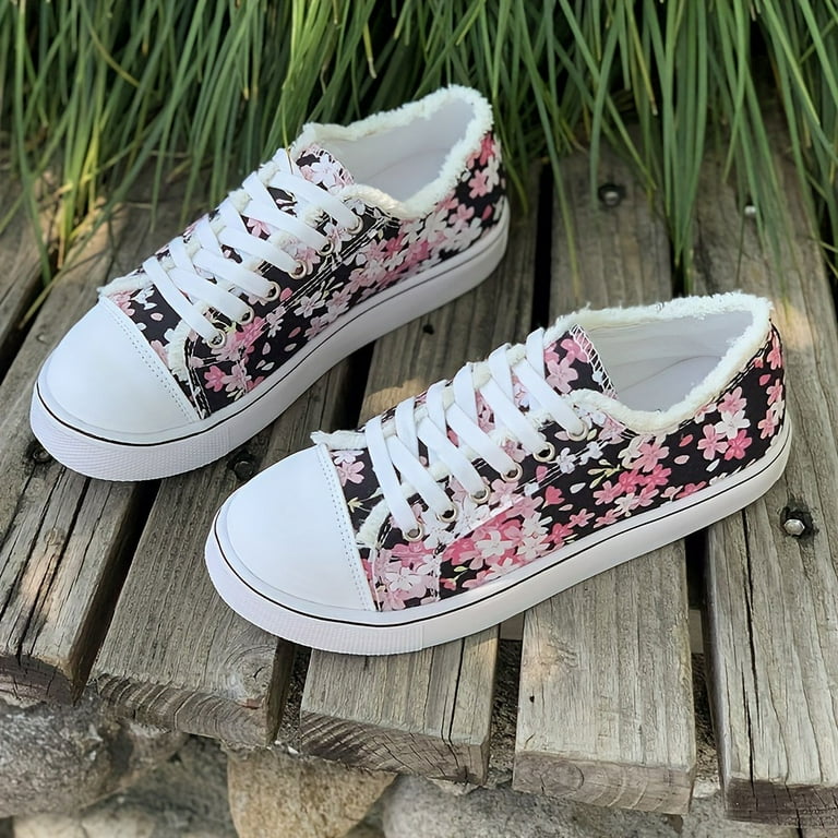 Women s Floral Print Canvas Shoes Casual Lace Up Low Top Skate Shoes All Match Flat Sneakers