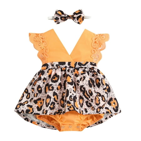 

EHTMSAK Newborn Infant Baby Toddler Girl 2PCS Summer Outfits Lace Bodysuit and Floral Dress Set Ruffle Sleeveless Clothing Set with Headband Yellow 0-2Y 70