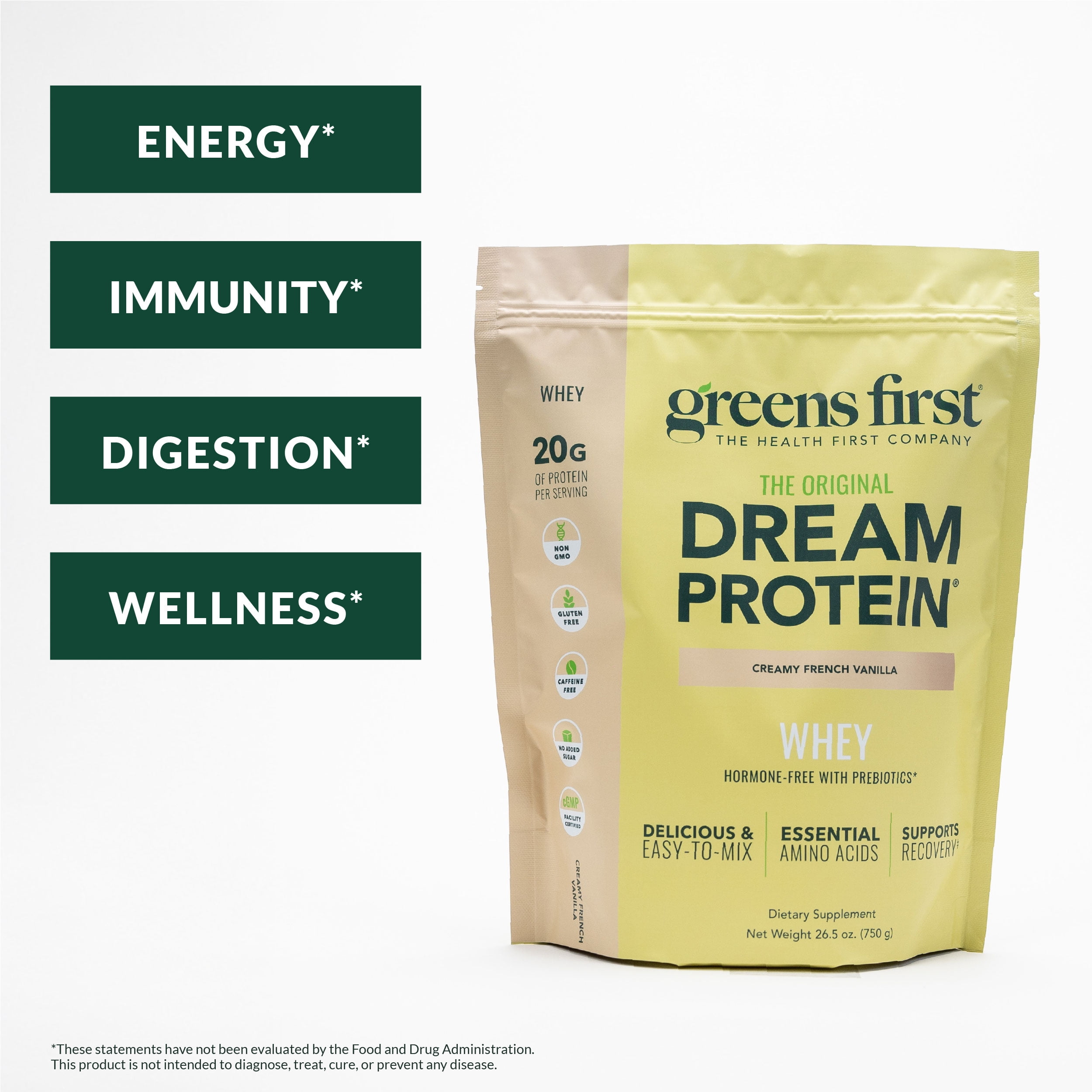 Greens First Dream Protein Powder Whey - 20g Protein Per Serving - Hormone-Free with Prebiotics - Non-GMO - No Artificial Sweeteners/MSG/Aspartame (Creamy French Vanilla, 26.5 oz)