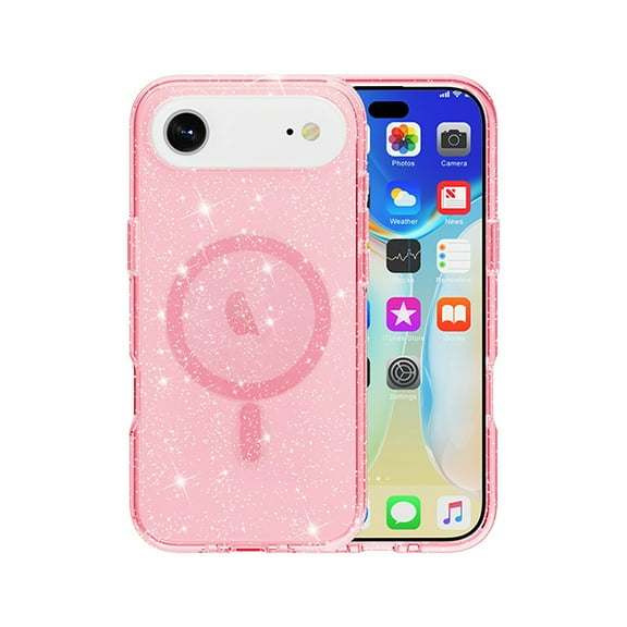 Glitter Magnetic PC & TPU Case for iPhone 17 Air with Tempered Glass Screen Protector - Pink