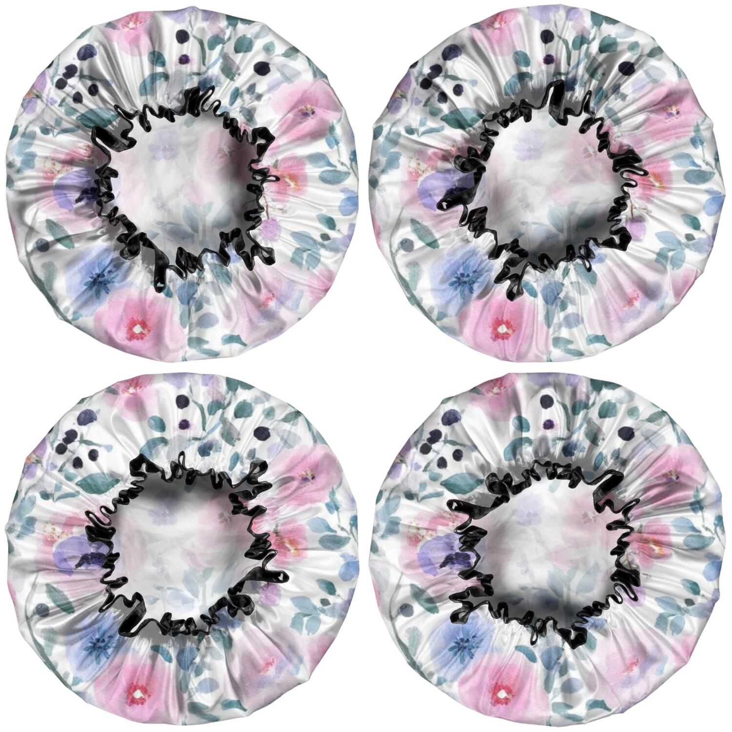 Shower Caps,Pioneer Flower Floral Print Pattern Waterproof Shower Cap for Women 4 Pieces,Double Reusable Hair Cover for Shower PEVA Elastic Stretch Hem