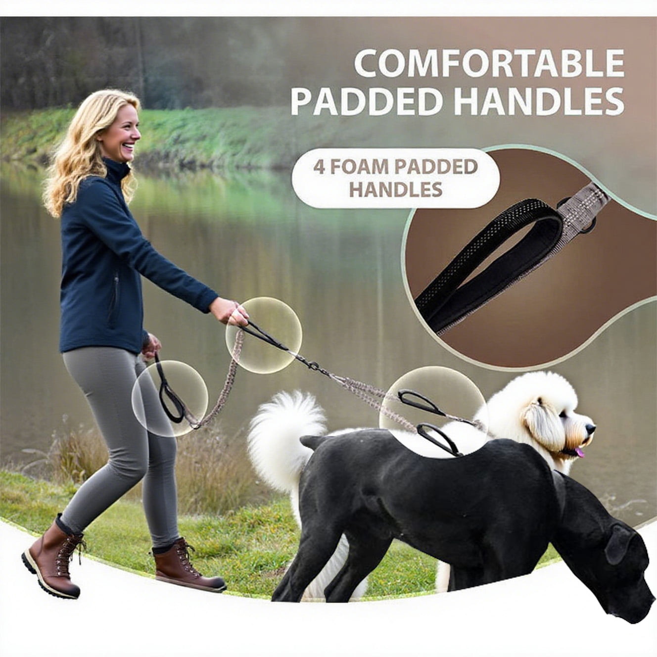 OHDufiry Pets Hands Free Double Dog Leash – Dual Leash for Medium and Large Breeds – Lead for 2 Dogs with Padded Handles, Reflective Stitches, No Pull, Tangle Free