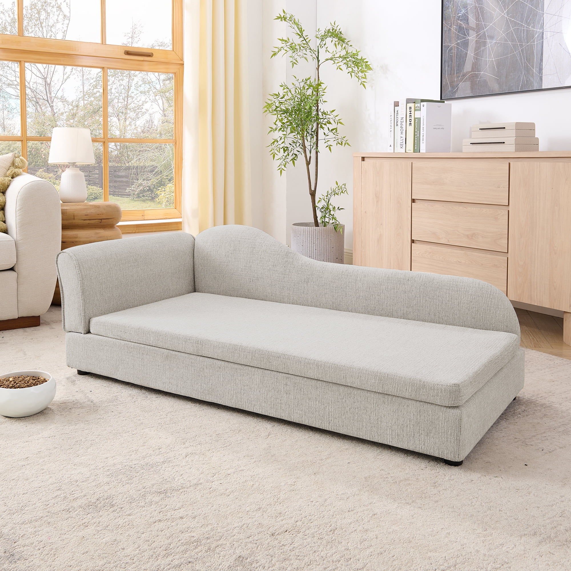 Oversized Pet Sofa for Medium/Large Dogs, Modern Irregular Wave Backrest, Single Armrest, Premium Breathable Linen Fabric, Soft Cushion & Low Plastic Feet, Beige