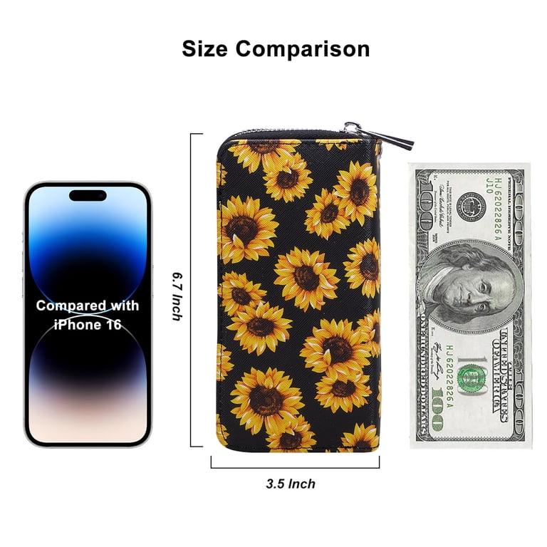 HAWEE Cellphone Wallet, Dual Zipper Long Purse, Sunflower photo 3