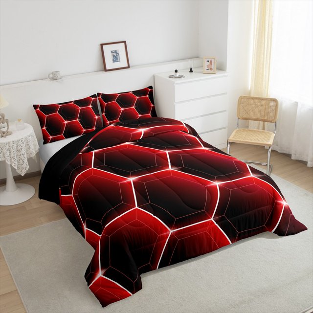 Honeycomb Queen Comforter Set 3D Stereoscopic Black and Red Hexagon Bedding Sets Geometric Hexagonal Beehive Quilt Simplistic Geometrical Geometry Room Decor