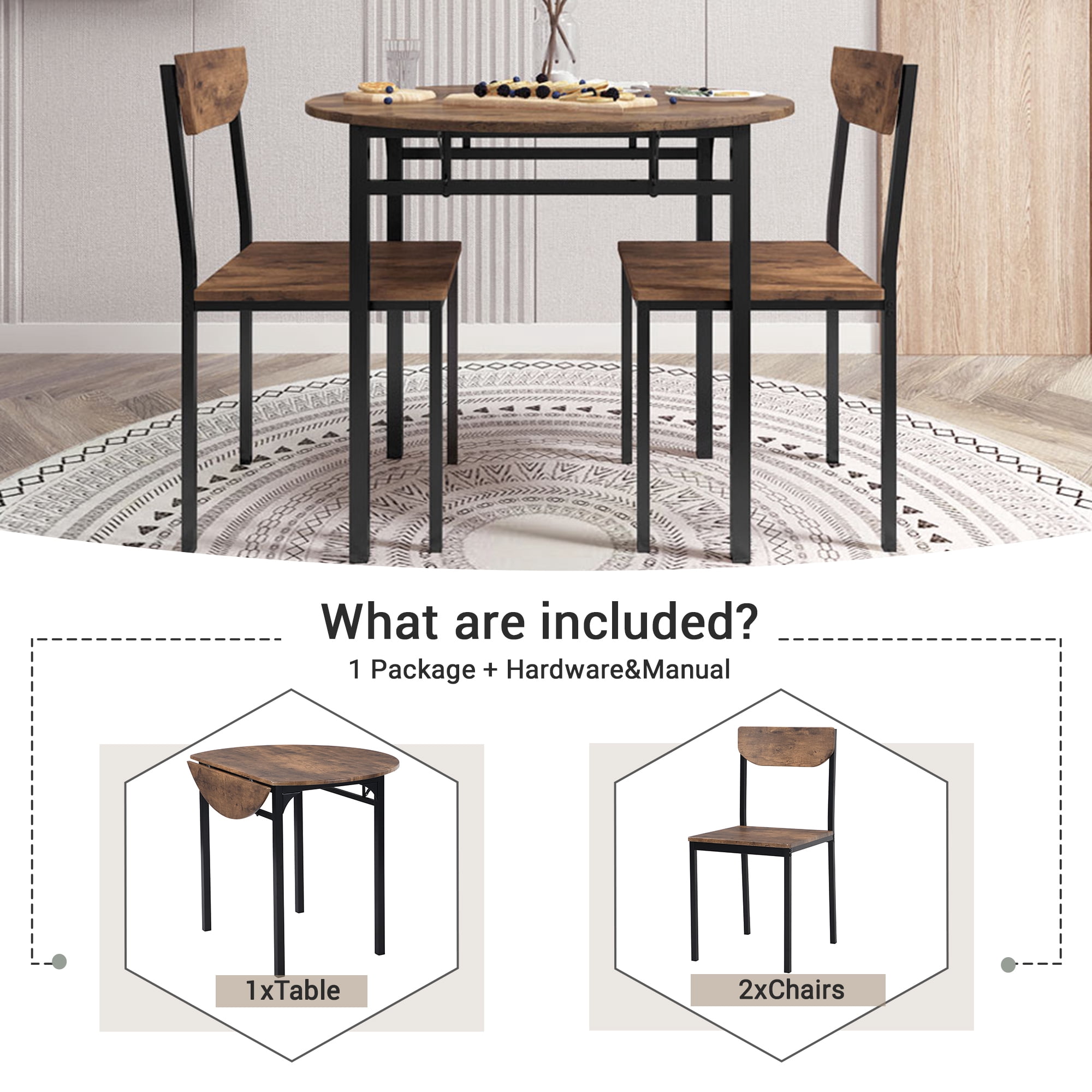 Euroco 3-Piece Round Dining Table Set for 2, Modern Extendable Kitchen Table Set with Drop Leaf,Metal Legs and 2 Chairs for Small Places,Brown