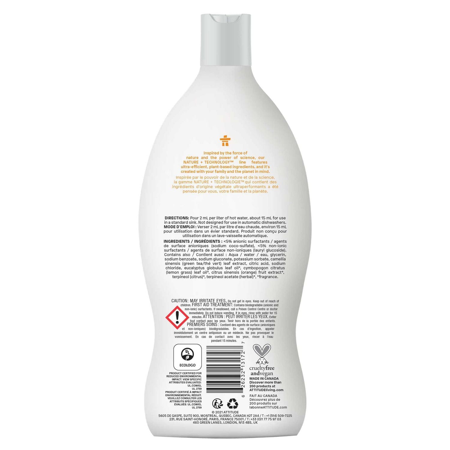 ATTITUDE nature+ technology, Liquide Vaisselle, Zeste d'Agrumes, 700 mL 700 mL