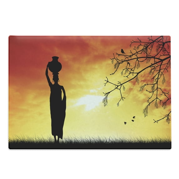 African Cutting Board, Silhouette of a Local Lady with Pot on the Head at Sunset Safari Illustration, Decorative Tempered Glass Cutting and Serving Board, Large Size, Black Orange, by Ambesonne