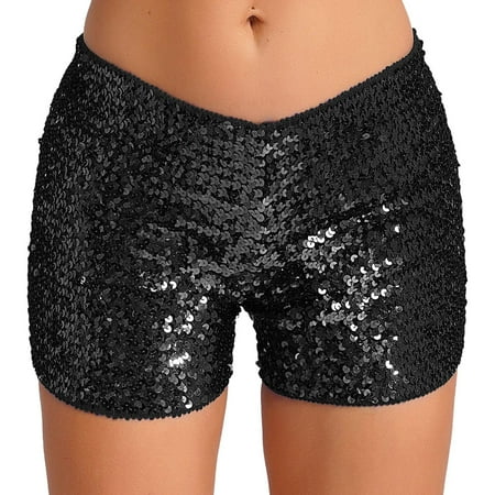 YONGHS Women s Sequin Sparkly Mini Booty Shorts Low Rise Rave Cheeky Shorts for Disco Festival Club Nightout Black L