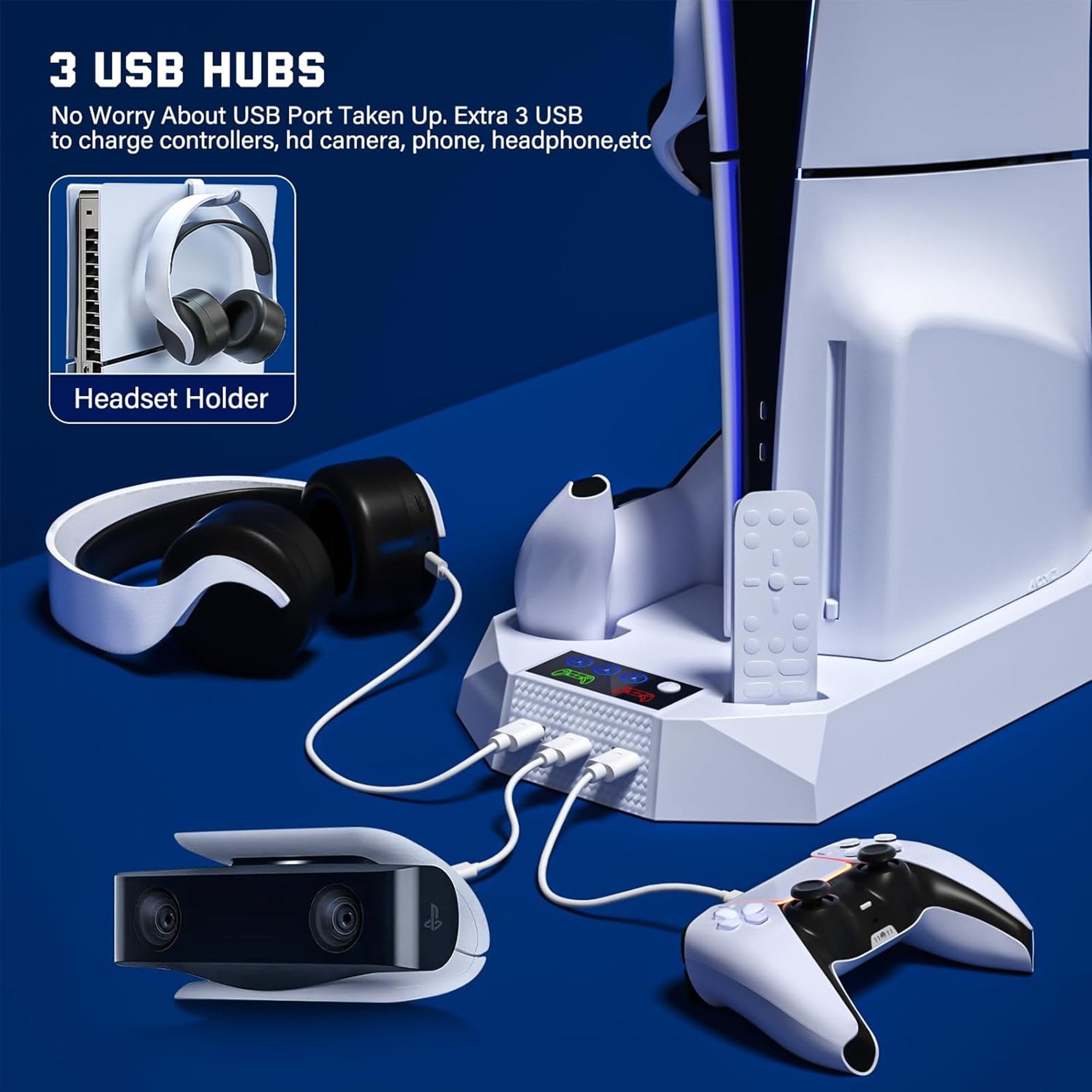 Cooling Stand Controller Charger with Headset Holder, 3 USB Hub for PS5, PS5 Slim, White