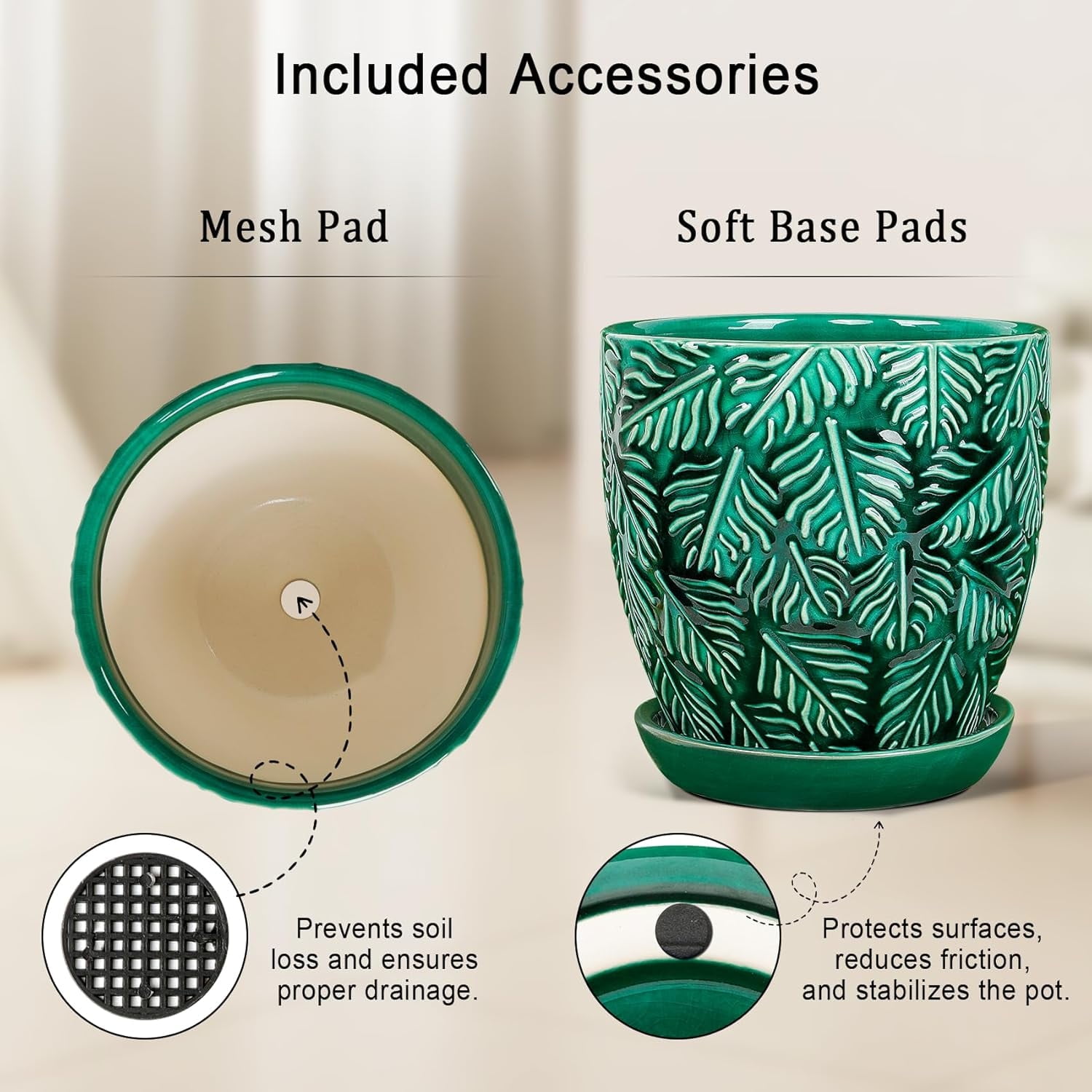 BUYMAX Ceramic Plant Pots, 6 inch Indoor Plant pots with Drainage Hole and Saucer, Flower Pots, Set of 2, Leaf Embossed - Green Glaze